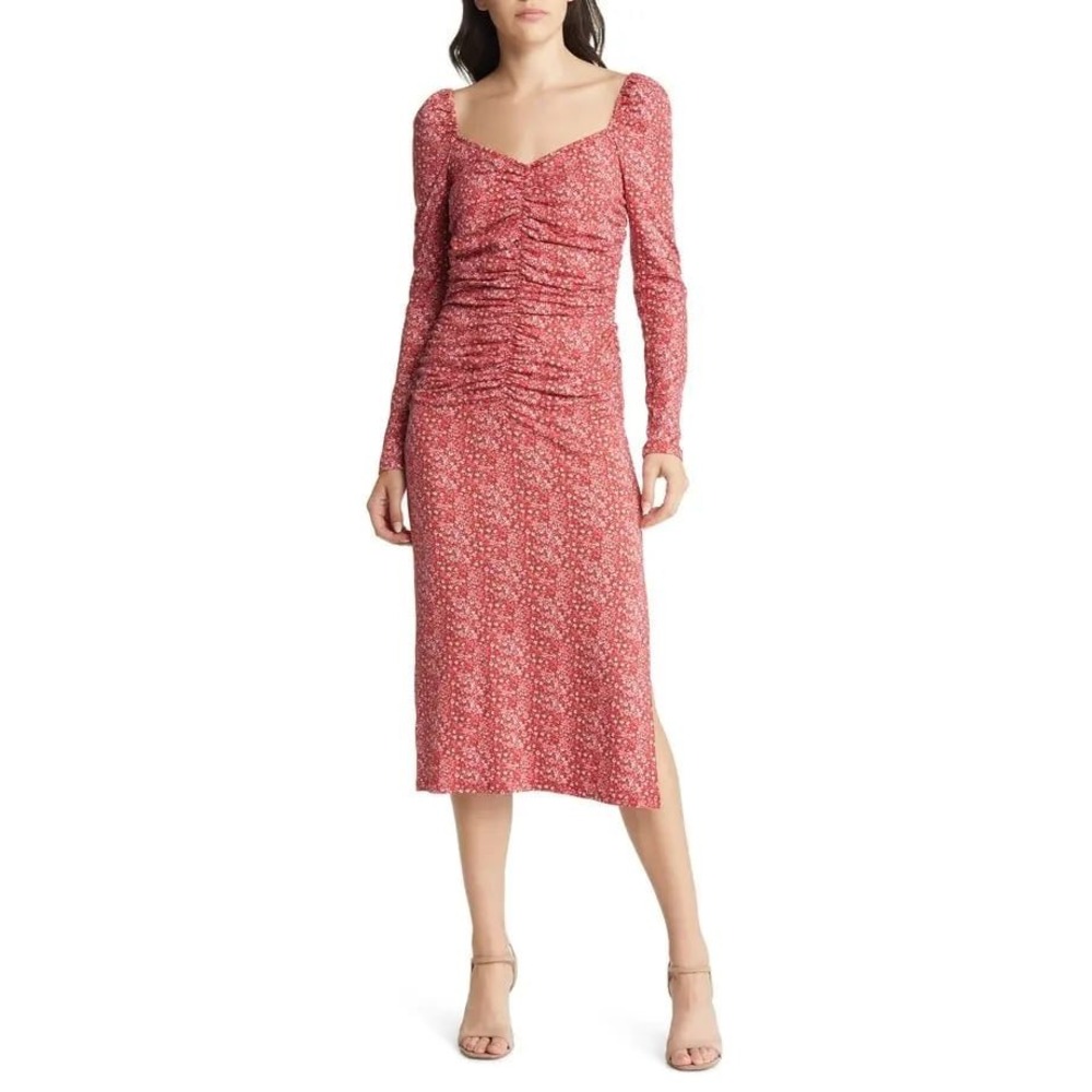 Charles Henry Red Floral Long Sleeve Ruched Sweetheart Midi Dress Sz S